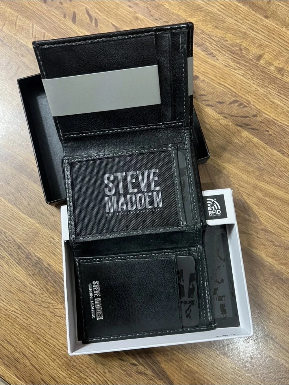 Steve Madden Black Leather Trifold Wallet with RFID Shielding